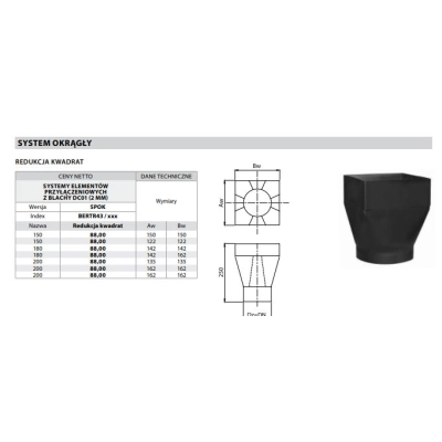 Redukcja Ø 150 komina kwadrat stalowa - czarna 2 mm