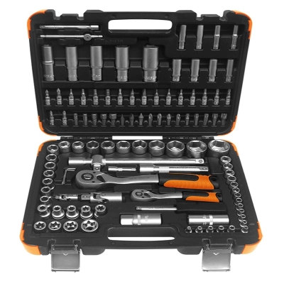 Zestaw kluczy nasadowych 108 el. 1/2″ i 1/4″ – walizka, nasadki, grzechotki, Torx, bity